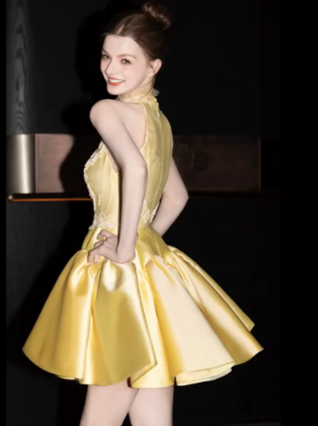 Vibrant Lace Decor Women's Homecoming Dress Yellow Corset Short Prom Dress Party Dress RS2758