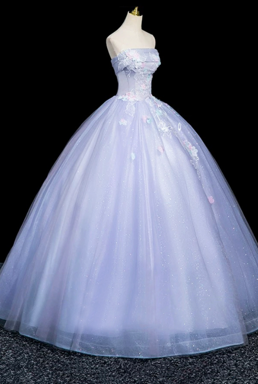 Elegant Lavender A-line Strapless Embroidery Corset Maxi Prom Dress Evening Dress RS504