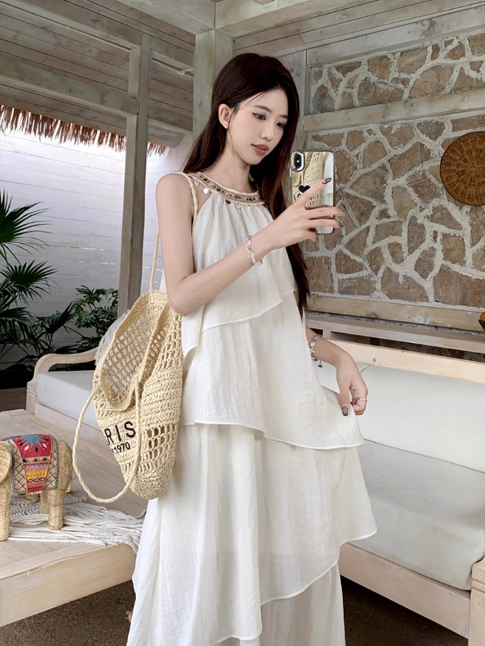 Fairy halter neck dress vacation outfit beach long dress irregular ruffle skirt R1721