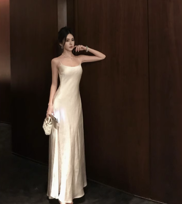 French satin suspender dress temperament backless holiday slim fit hip-wrapped long skirt R1542
