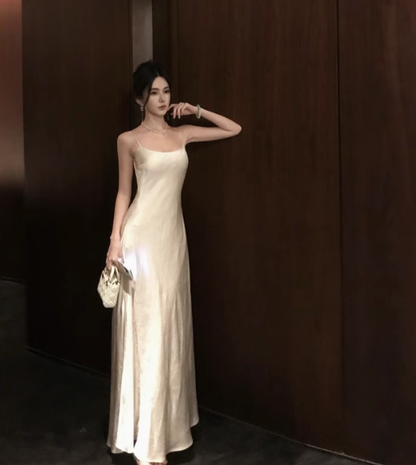French satin suspender dress temperament backless holiday slim fit hip-wrapped long skirt R1542