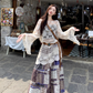 Fairy ethnic style wear hollow knitted lace cardigan floral skirt two-piece suit R1717