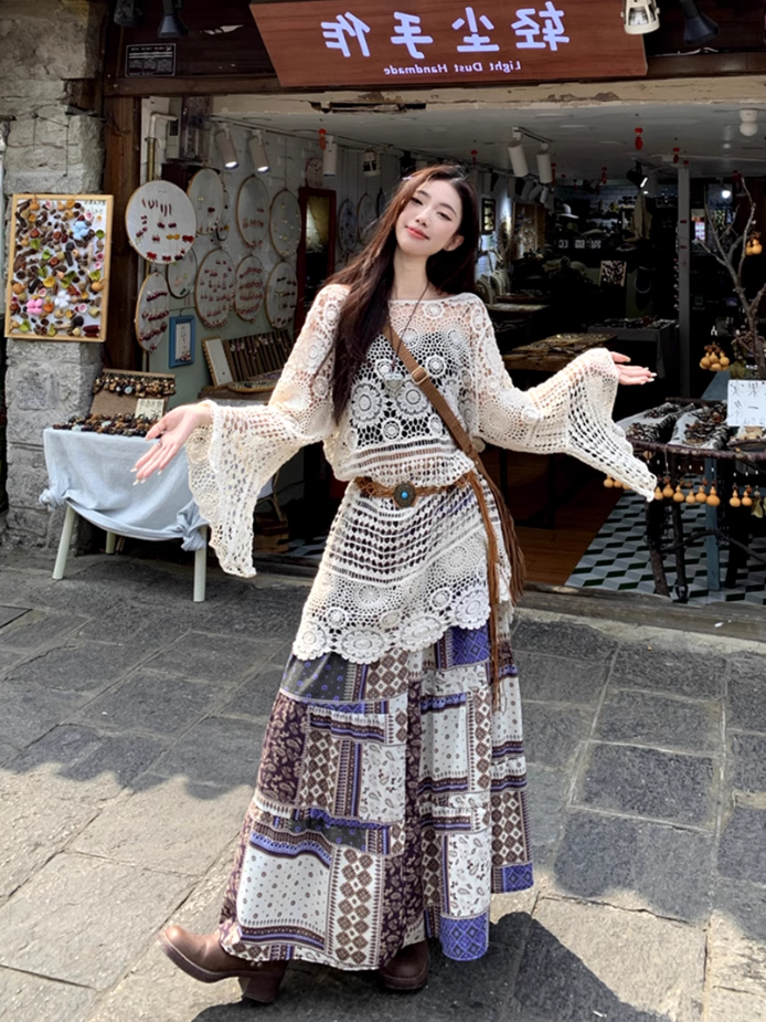 Fairy ethnic style wear hollow knitted lace cardigan floral skirt two-piece suit R1717