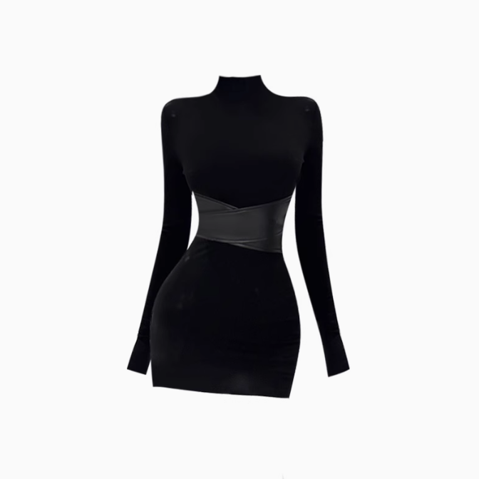 Hot girl half turtleneck patchwork leather dress 2025 high-end waist hip skirt R1012