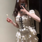 Pure desire style puff sleeves tie waist top 2025 lace splicing a-line skirt suit R1247