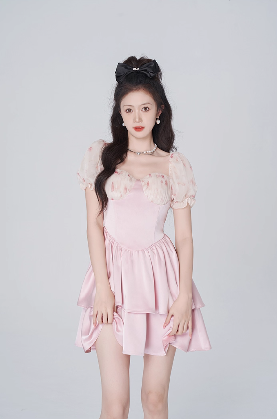 Floral dress women's summer puff sleeve A-line short skirt new pink high-end skirt R4454