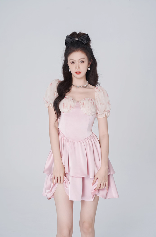 Floral dress women's summer puff sleeve A-line short skirt new pink high-end skirt R4454