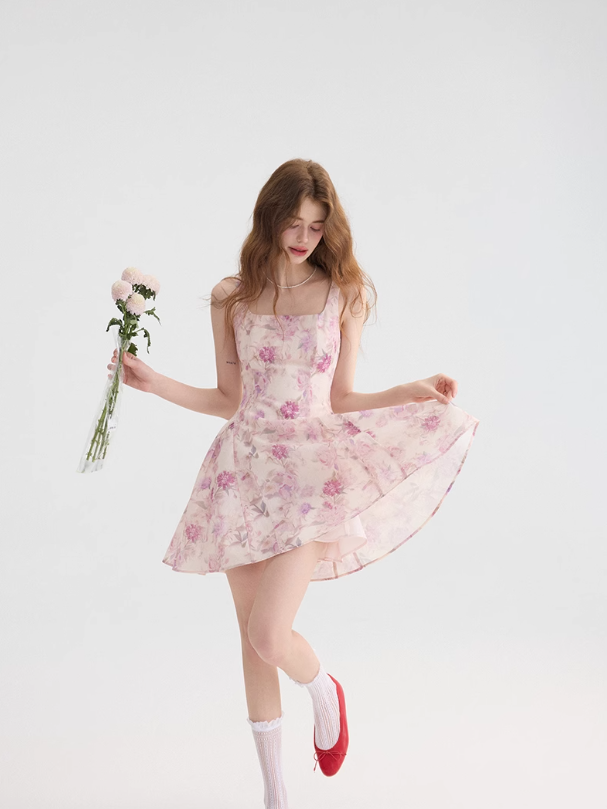 Floral suspender skirt with pink mini skirt R2662