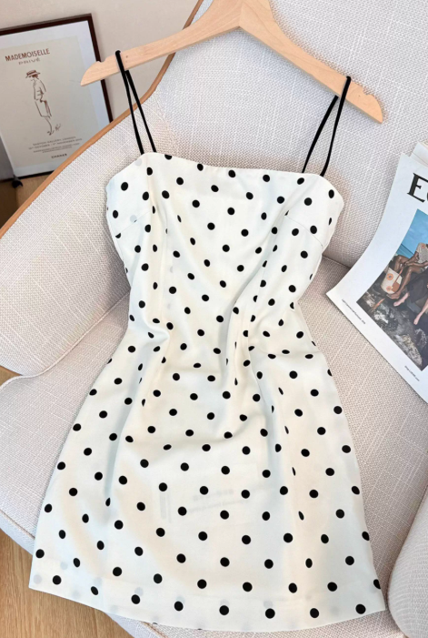 French polka dot suspender dress for women summer new waist slimming short hip skirt R3954