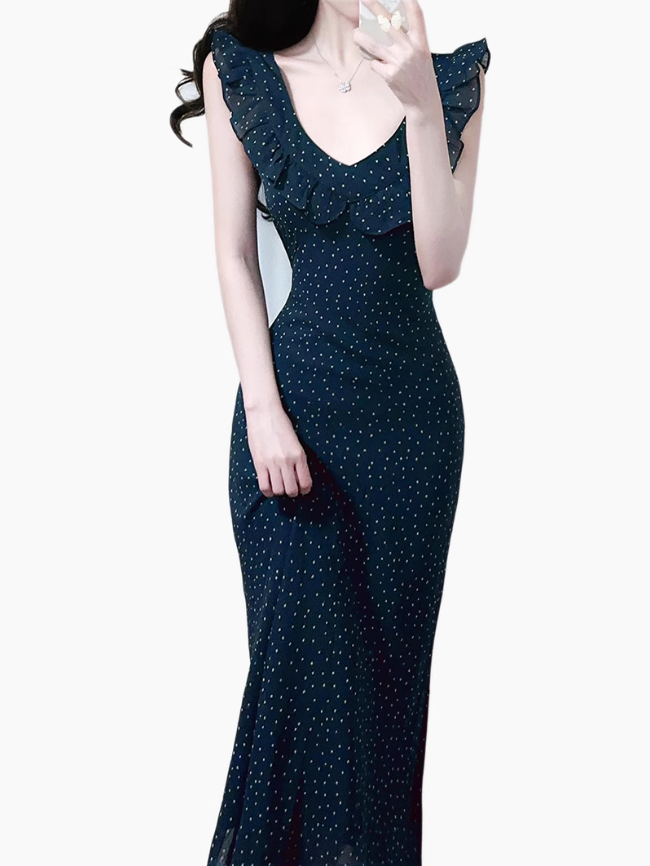 2025 Summer New Black Polka Dot Ruffled Small Flying Sleeve Midi Dress R0962