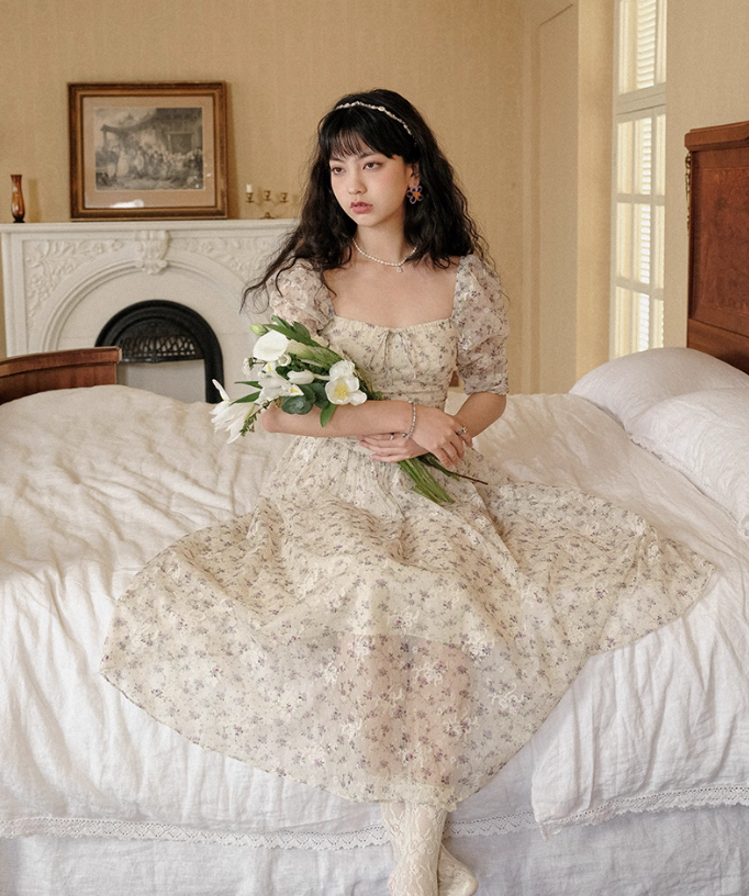 French style skirt petite short skirt short floral skirt puff sleeve dress female summer new style R3462