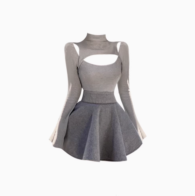 Pure desire design hollow bottoming shirt female 2025 puffy A-line skirt suit R1053