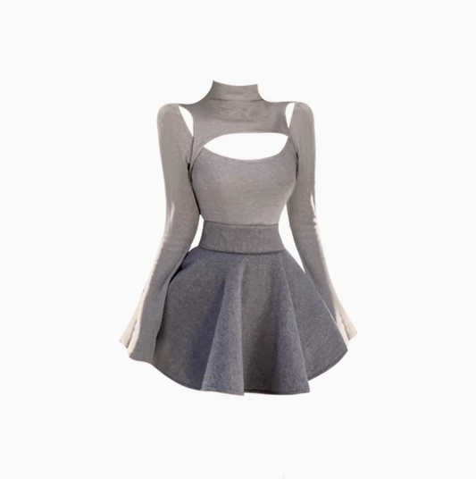 Pure desire design hollow bottoming shirt female 2025 puffy A-line skirt suit R1053