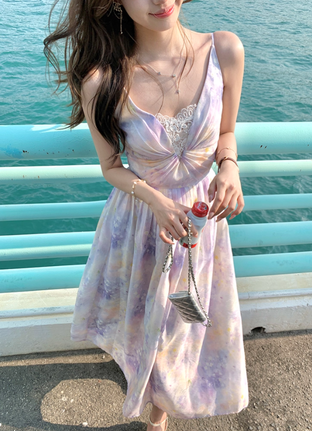 Long V-neck waist suspender dress summer French retro temperament skirt R4950