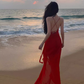 Beach photo shoot red sexy ruffled high slit halter back dress R1583