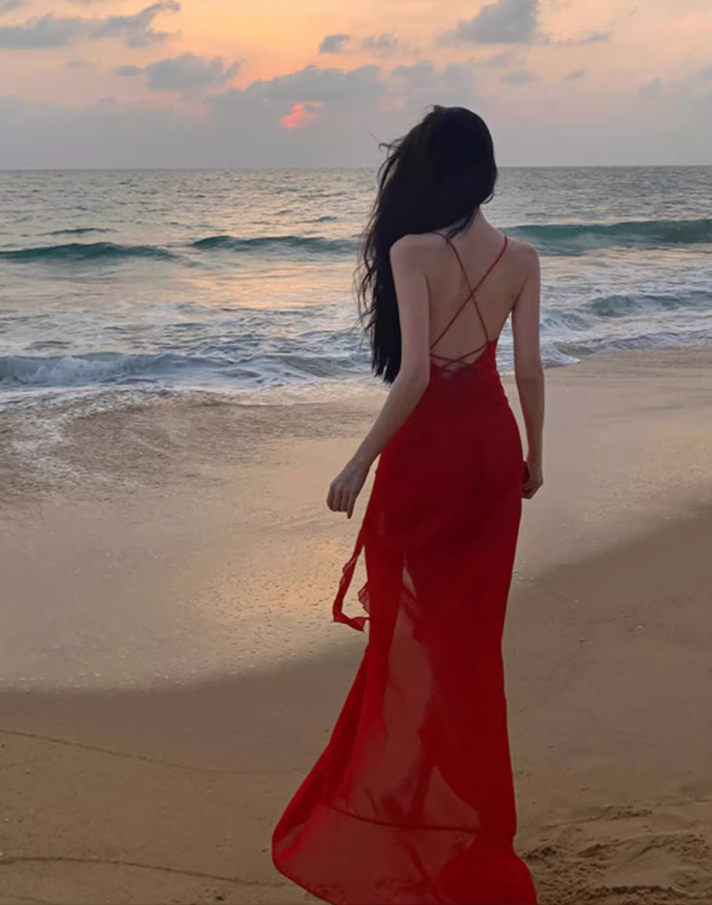Beach photo shoot red sexy ruffled high slit halter back dress R1583