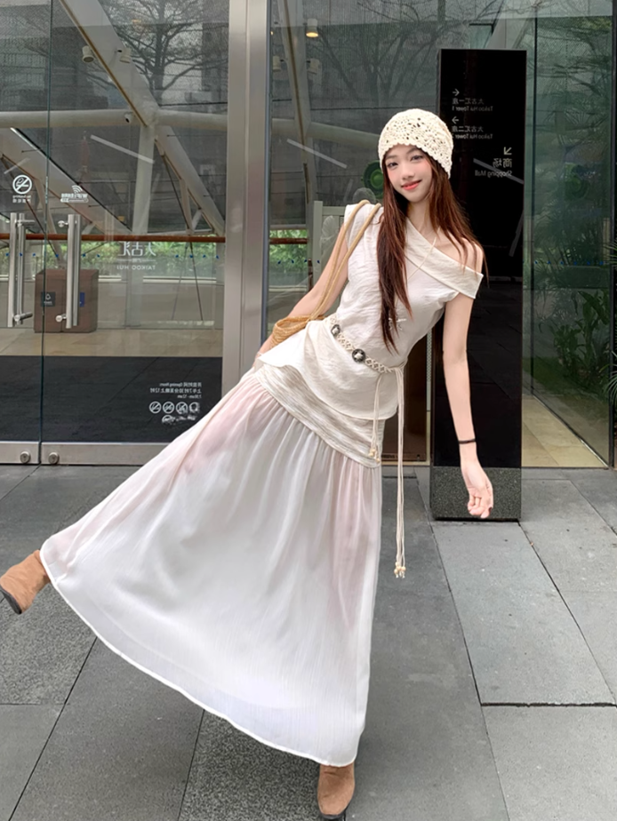Fairy temperament high-end irregular off-shoulder sleeveless top skirt suit two-piece suit R1756
