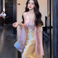 Gentle and elegant pink jacquard suspender dress with slim waist and hip skirt R0485