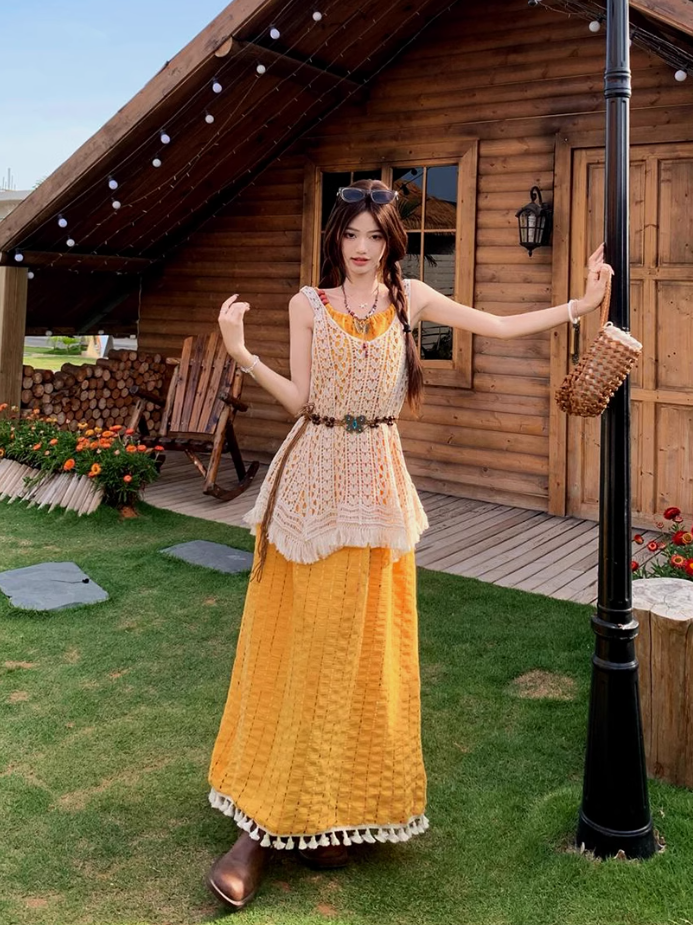 Artistic forest style layered beaded suspender long skirt travel wear dress knitted vest two-piece suit R1731