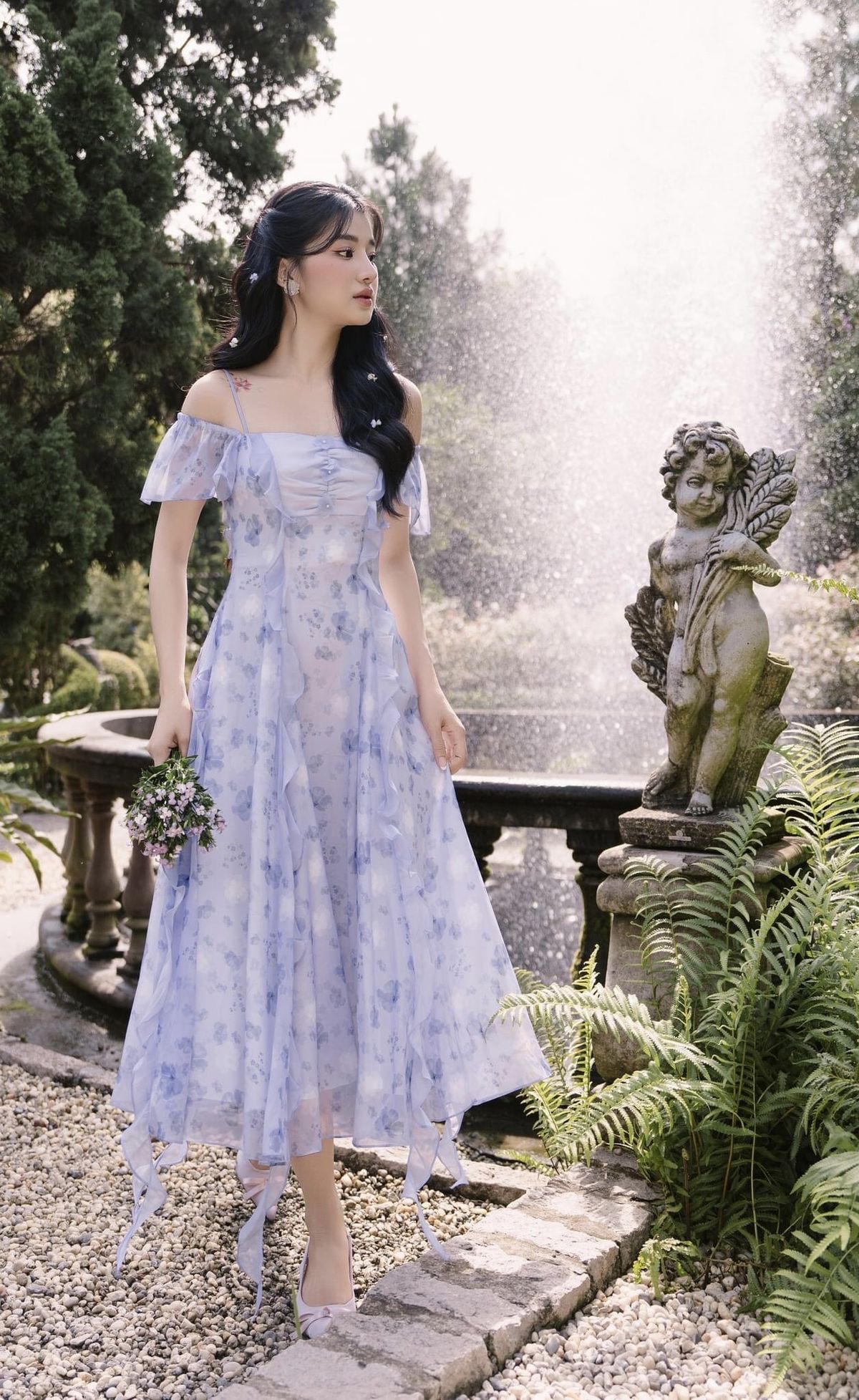 Purple floral strapless one-shoulder slim waist long dress for homecoming R3800