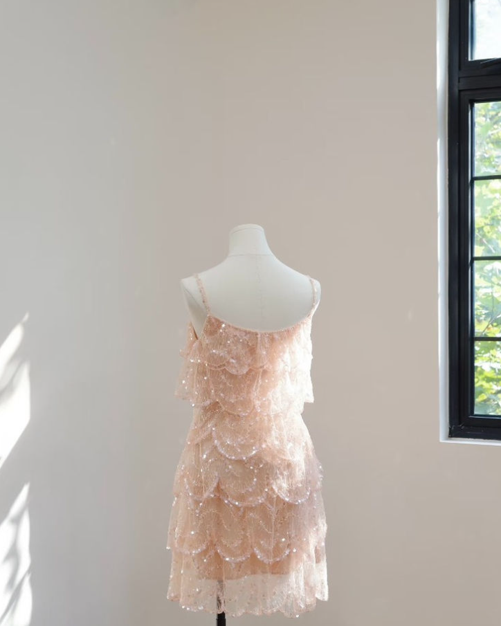Charming Champagne Homecoming Dress ,A-Line Spaghetti Straps Lace Short Prom Dress RS794