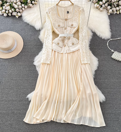 Celebrity temperament fake two-piece long-sleeved square-neck lace waist A-line wide swing dress R0330