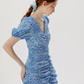 Short hip skirt summer French floral skirt blue petite pleated dress R2714