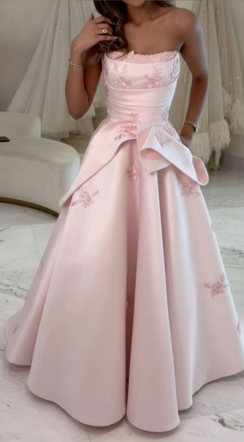 Silky Satin Embroidered Corset Prom Gown , Pink Women's Maxi Evening Dress Birthday Dress RS2525
