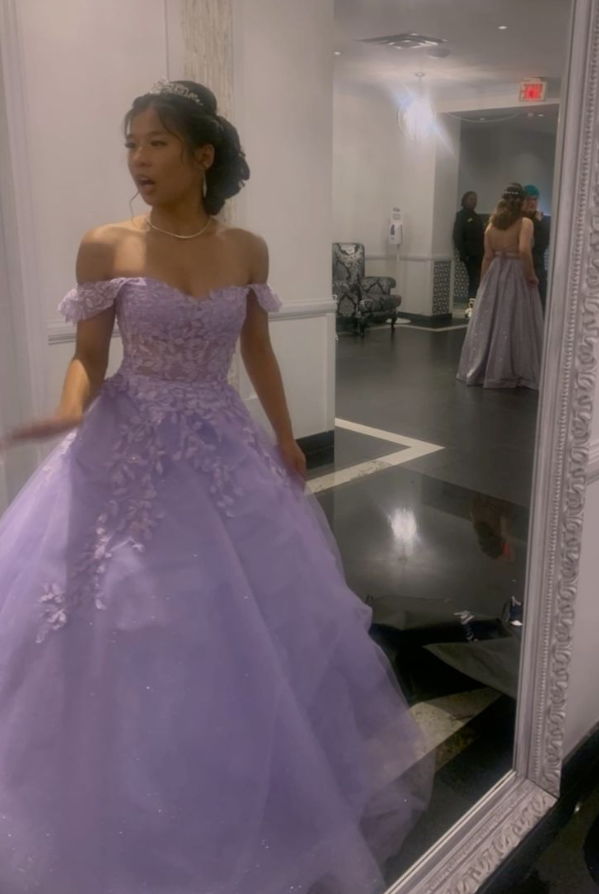 Dreamy Applique Puffy Prom Gown Lavender Women's Corset Maxi Evening Dress Ball Gown RS2839