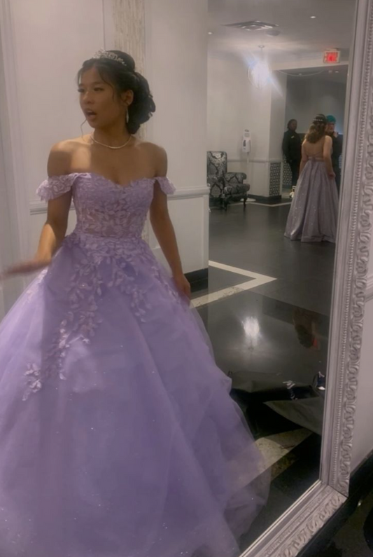Dreamy Applique Puffy Prom Gown Lavender Women's Corset Maxi Evening Dress Ball Gown RS2839