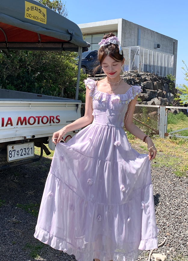 Purple square neck small flying sleeve suspender dress summer French style waist slim temperament skirt R4705