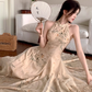 Fairy new Chinese style improved cheongsam halo dyed floral waist long skirt dress R1703