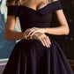 Black off-shoulder waisted A-line short skirt homecoming dress R3235