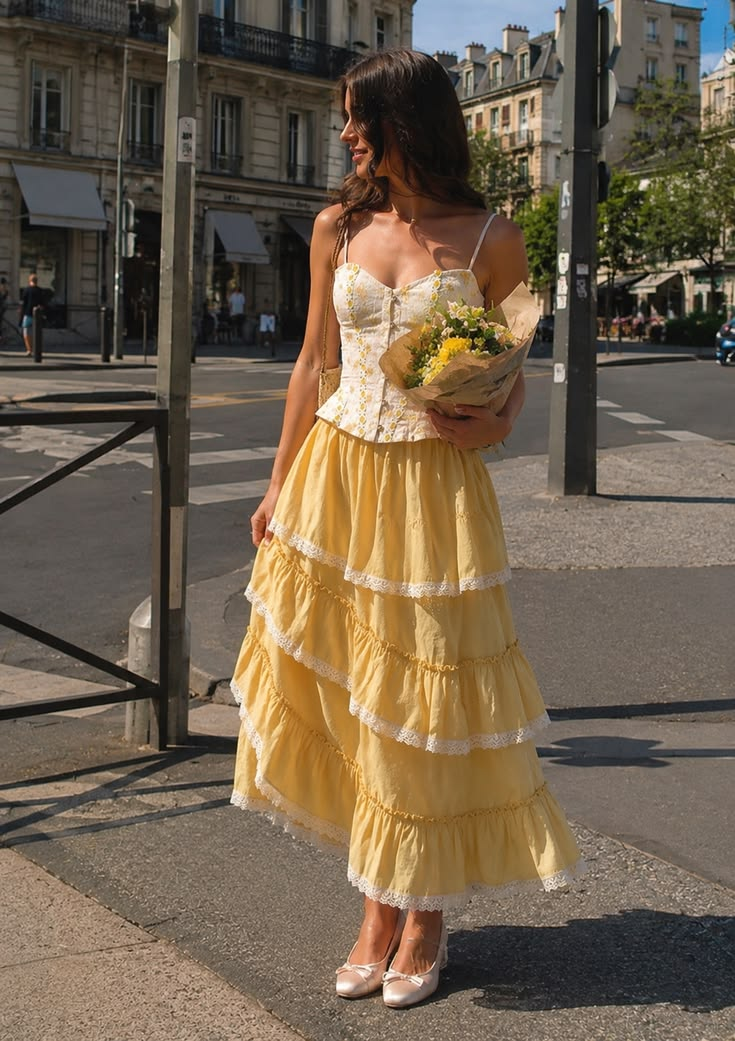 Vibrant Ruffled Strapless Prom Gown Warm Yellow Women's Corset Maxi Birthday Dress — Fall Outfit 2026 New RS3107