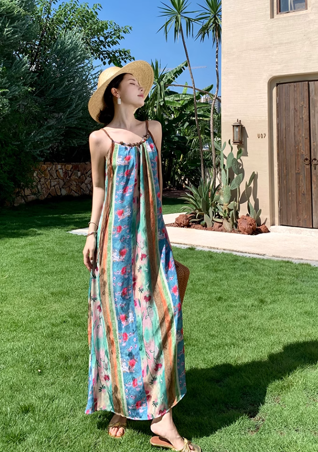 Travel wear beach dress retro travel seaside vacation floral suspender dress R1585