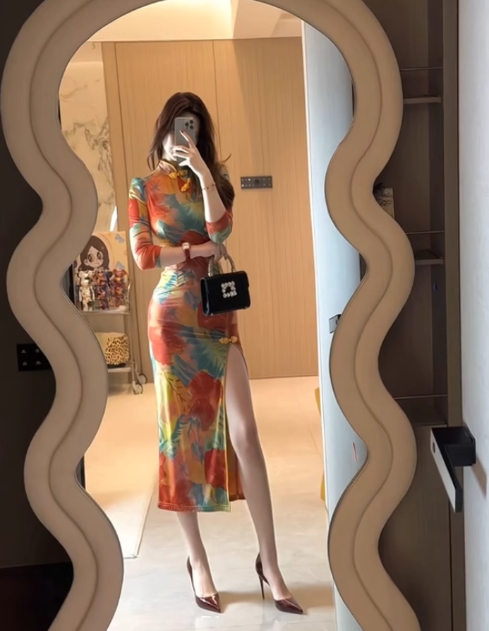 Large size new Chinese style elegant temperament cheongsam dress slit sexy long skirt R1834