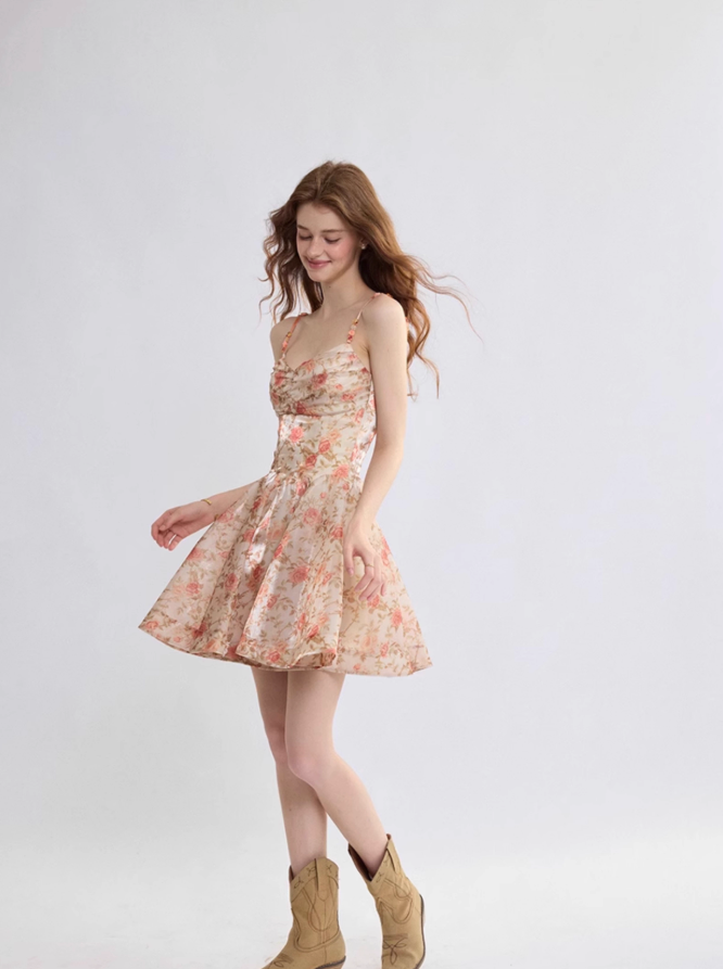 French suspender skirt floral dress high-end wear short skirt summer skirt R2767