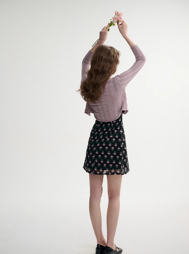 French style black skirt floral suspender skirt short dress R2696