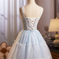 Cute Pale Blue A-Line Spaghetti Straps Lace Embroidery Corset Mini Birthday Dress Homecoming Dress RS574
