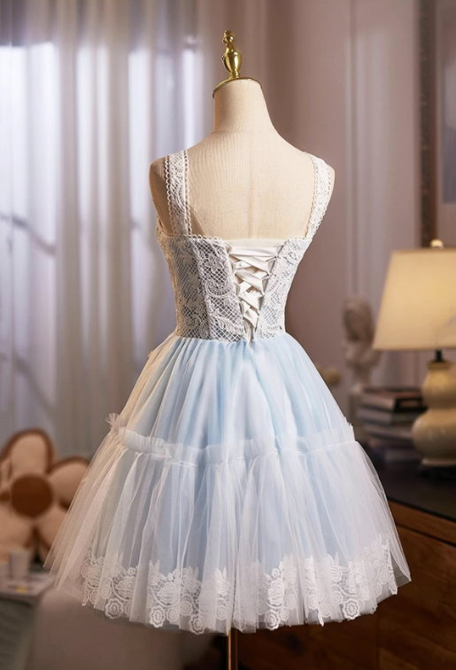 Cute Pale Blue A-Line Spaghetti Straps Lace Embroidery Corset Mini Birthday Dress Homecoming Dress RS574
