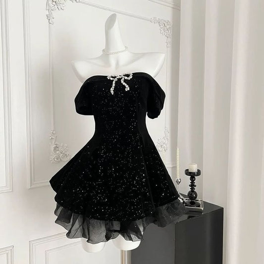 Black sequined one-shoulder waist slim A-line princess skirt homecoming dress R3547