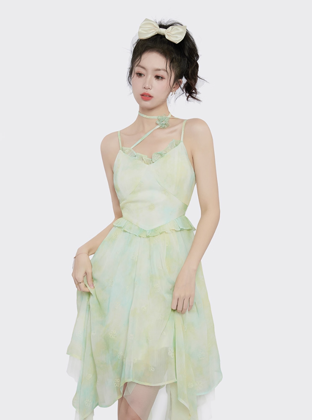 Small fresh and chic skirt embroidered suspender dress women's summer irregular mid-length skirt R4118