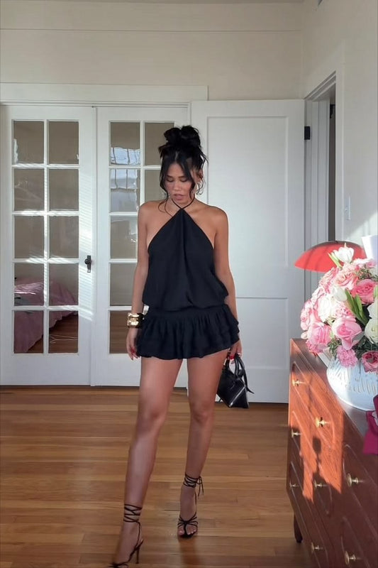 Casual Black Halter Waist-shaped Mini Summer Dress Homecoming Dress RS273