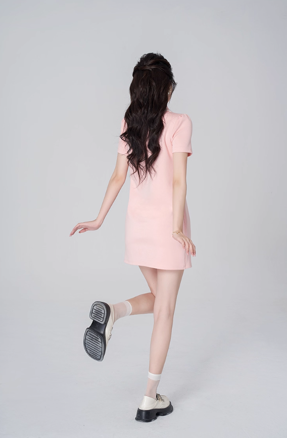 Pink polo knitted dress summer new temperament loose short skirt lace sweet skirt R4177