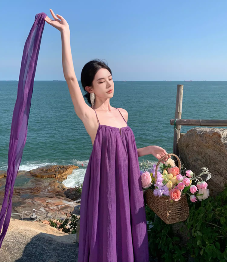Purple beach dress backless dress loose chiffon suspender long dress seaside holiday dress R1595