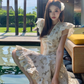 French sweet short-sleeved hollow flower high waist design beige floral dress R4070