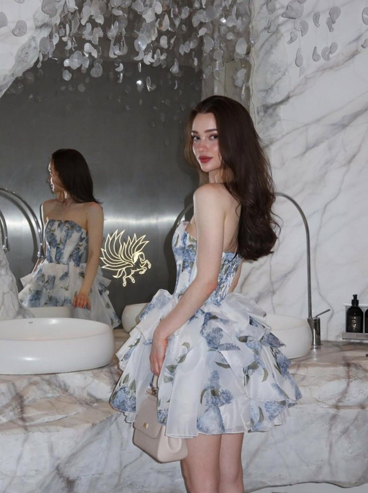 Puffy Floral Layered Women's Corset Homecoming Dress Pale Blue Short Prom Gown Birthday Dress RS3221