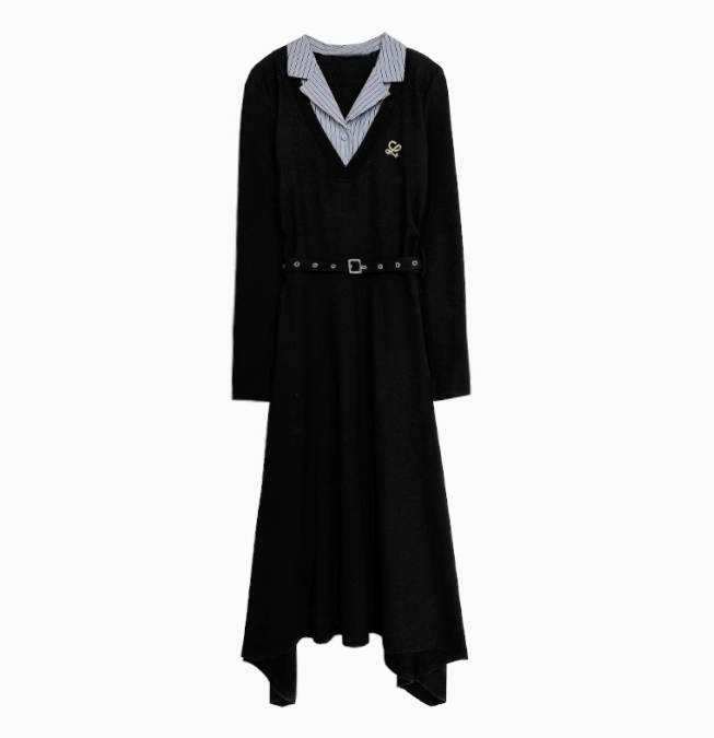 French Hepburn style black v-neck dress 2025 new irregular skirt R1932