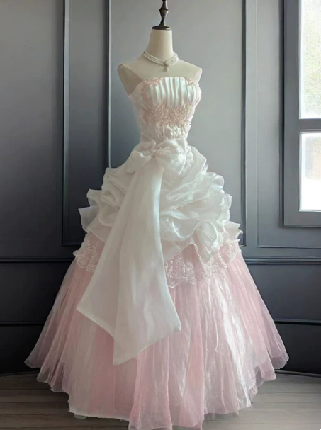 Pretty Blush Pink Prom Dress ,A-Line Strapless Organza Corset Maxi Quinceanera Dress RS800