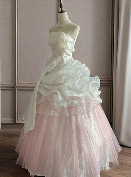 Pretty Blush Pink Prom Dress ,A-Line Strapless Organza Corset Maxi Quinceanera Dress RS800